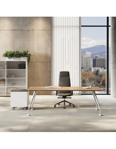 Bureau de direction Enosi 200 cm avec plateau effet noyer et piètement blanc dans un cabinet d’architecte à Sion