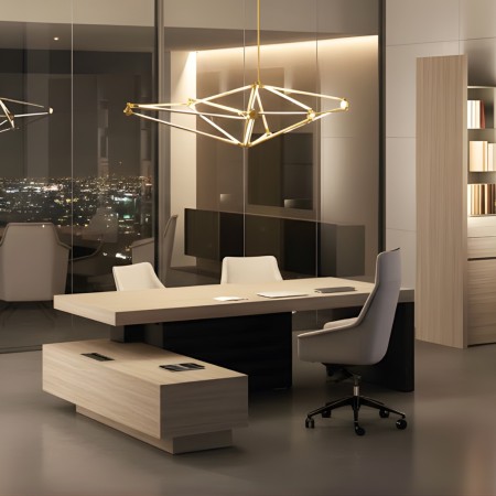 Bureau de direction Jera en finitions gris orme et noir avec rangement intégré dans un espace exécutif moderne