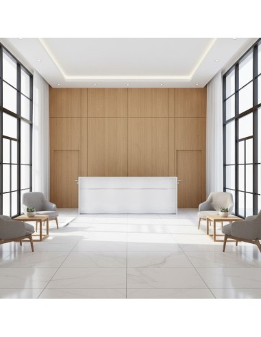 Banque d'accueil blanche avec fauteuils gris et table basse en bois