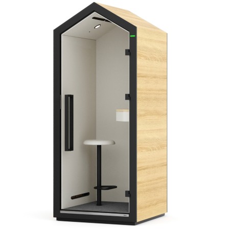 Vue extérieure de la cabine Treehouse avec finition bois clair et cadre noir. - Treehouse