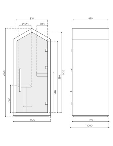 Cabine Treehouse blanche avec contour noir et assise haute minimaliste. - Treehouse