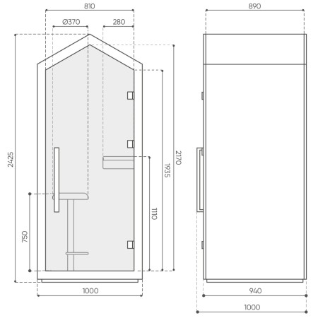 Cabine Treehouse blanche avec contour noir et assise haute minimaliste. - Treehouse