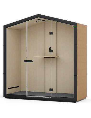 Cabine Treehouse avec porte vitrée, éclairage LED et panneau arrière en bois clair. - Treehouse