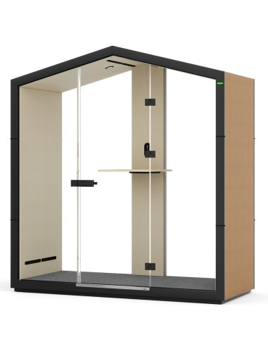 Cabine Treehouse avec structure noire, parois vitrées et finition bois naturel. - Treehouse