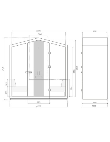 Dimensions de la cabine Treehouse en vue avant et latérale, format technique. - Treehouse