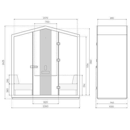 Dimensions de la cabine Treehouse en vue avant et latérale, format technique. - Treehouse