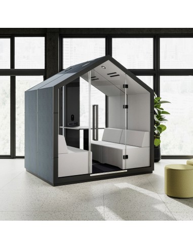 Cabine Treehouse isolée dans un bureau moderne, finition grise et banquette intégrée. - Treehouse