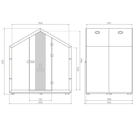 Dimensions de la cabine Treehouse en élévation avant. - Treehouse