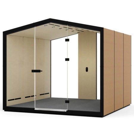 Cabine Treehouse finition bois clair et cadre noir, ouverte sur un espace de travail moderne. - Treehouse