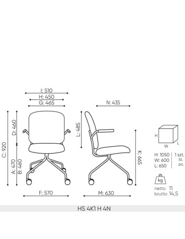 Dimensions Hens 4K1 H avec accoudoirs et rembourrage
