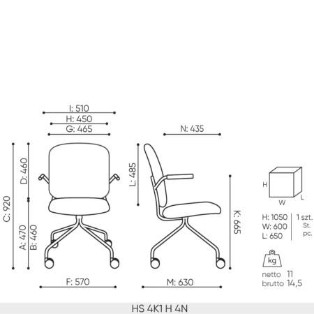 Dimensions Hens 4K1 H avec accoudoirs et rembourrage