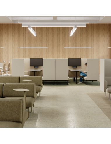 Zone collaborative aménagée avec plusieurs modules Fora alignés pour créer des espaces de travail semi-fermés. - Fora