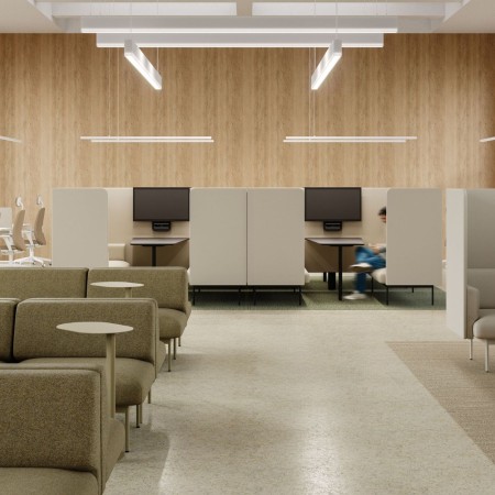 Zone collaborative aménagée avec plusieurs modules Fora alignés pour créer des espaces de travail semi-fermés. - Fora