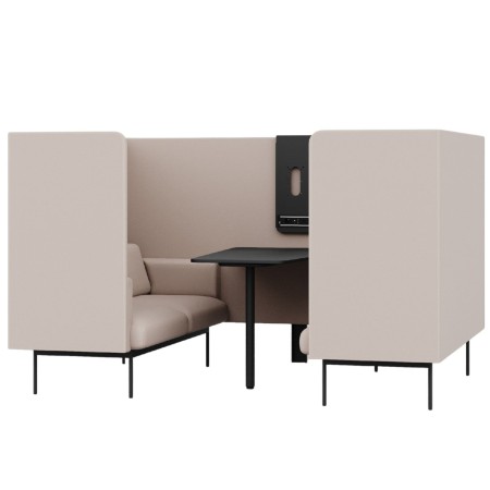 Module acoustique Fora avec cloisons hautes, table intégrée et panneau frontal noir dans une configuration de bureau. - Fora