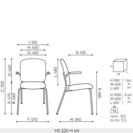 Dimensions de la chaise 220 haute rembourrée Hens