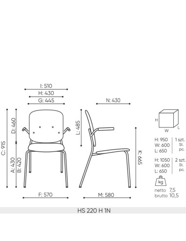 Dimensions de la chaise Hens 220 H  avec accoudoirs