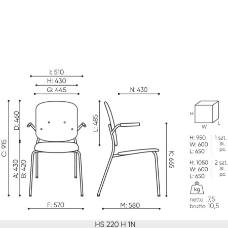 Dimensions de la chaise Hens 220 H  avec accoudoirs