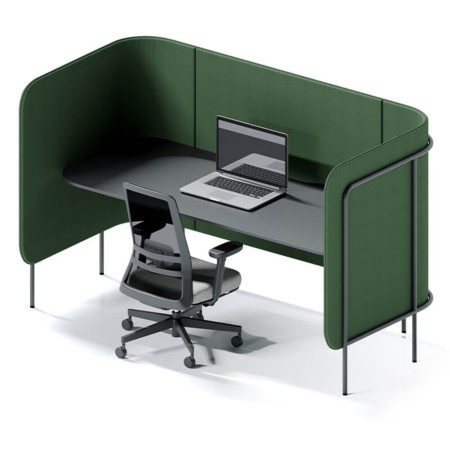 Cabine individuelle Leaf Pod avec panneaux enveloppants verts et bureau intégré, conçue pour la concentration. - Leaf Pod