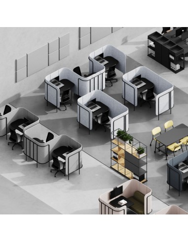 Vue 3D d’un open space comprenant plusieurs Leaf Pod organisés en pôles de travail semi-privés. - Leaf Pod