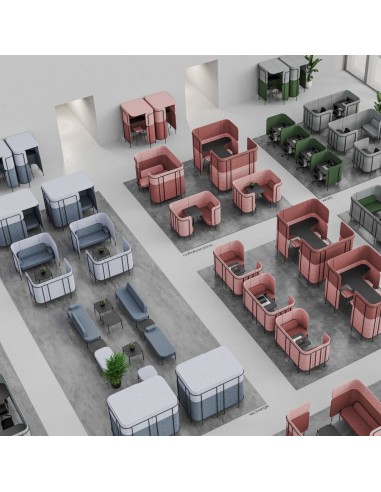 Plan d’un large open space avec une multitude de Leaf Pod colorés, disposés par zones fonctionnelles. - Leaf Pod