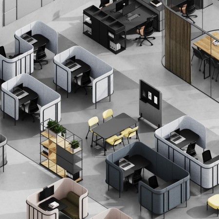 Module Leaf Pod en finition gris clair, configuré en poste individuel semi-fermé avec bureau intégré. - Leaf Pod 2