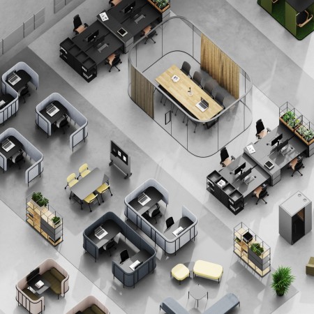 Vue aérienne d’un plateau de travail aménagé avec plusieurs Leaf Pod, optimisant la circulation et la modularité. - Leaf Pod