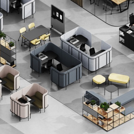 Espace coworking avec divers Leaf Pod organisés en cellules ouvertes et semi-ouvertes pour différentes activités. - Leaf Pod