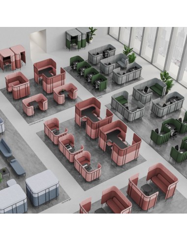 Grand open space avec des Leaf Pod colorés répartis en îlots pour favoriser un environnement de travail flexible. - Leaf Pod