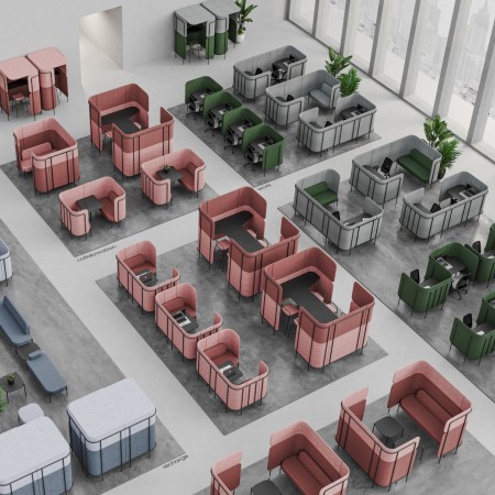 Grand open space avec des Leaf Pod colorés répartis en îlots pour favoriser un environnement de travail flexible. - Leaf Pod