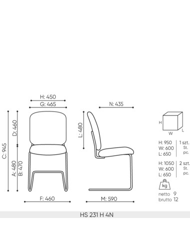 dimensions techniques chaise Hens HS 231 H plan rembourré
