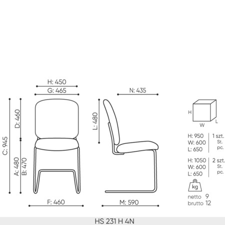dimensions techniques chaise Hens HS 231 H plan rembourré