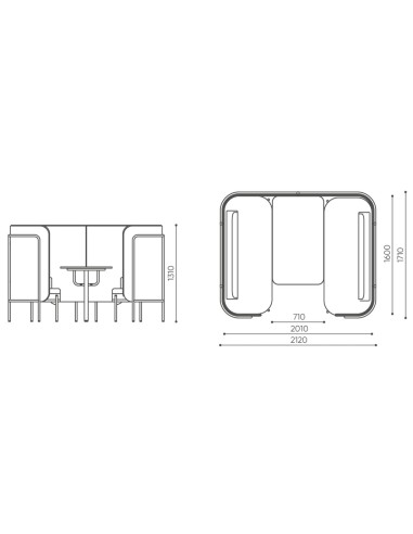 Dimensions détaillées d’une configuration Fora comprenant deux banquettes et une table centrale. - Fora
