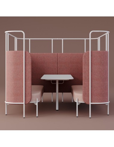 Alcôve Fora rose poudré avec structure blanche, aménagée pour des discussions en petit groupe. - Fora