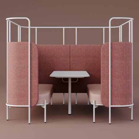 Alcôve Fora rose poudré avec structure blanche, aménagée pour des discussions en petit groupe. - Fora