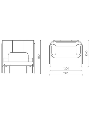 Dimensions d’un module Fora double, montrant l’assise et le dossier haut en vue technique. - Fora