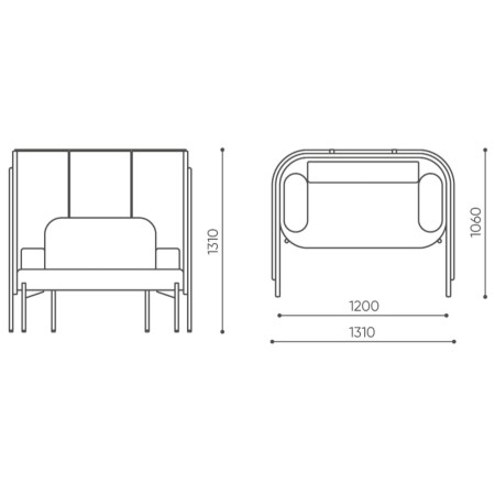 Dimensions d’un module Fora double, montrant l’assise et le dossier haut en vue technique. - Fora