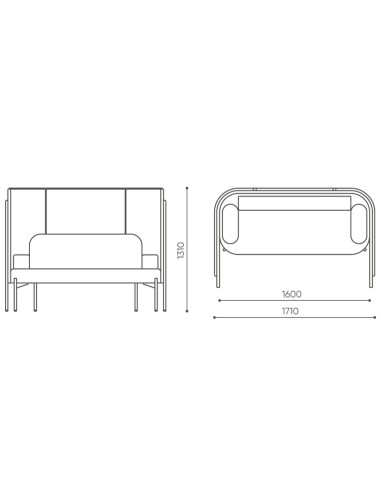 Dimensions détaillées d’un module Fora individuel avec dossier haut et accoudoirs arrondis. - Fora