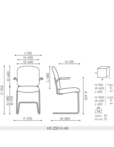 Dimensions de la chaise 230H rembourrée