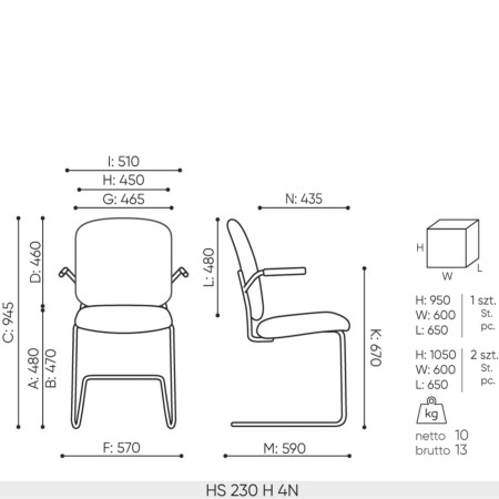 Dimensions de la chaise 230H rembourrée
