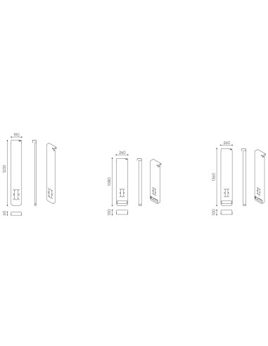 Dimensions d’un plateau mural rectangulaire avec ses vues techniques détaillant largeur, hauteur et profondeur. - Accessoires