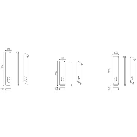 Dimensions d’un plateau mural rectangulaire avec ses vues techniques détaillant largeur, hauteur et profondeur. - Accessoires