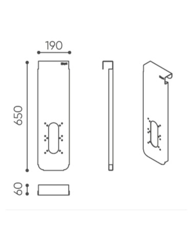 Schéma dimensionnel d’un accessoire vertical incluant les distances entre les fixations et l’épaisseur du support. - Accessoires