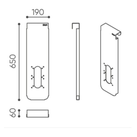 Schéma dimensionnel d’un accessoire vertical incluant les distances entre les fixations et l’épaisseur du support. - Accessoires