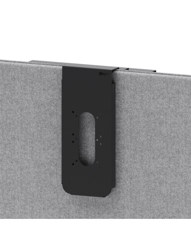 Support vertical en métal noir fixé sur une paroi acoustique, intégrant une ouverture centrale. - Accessoires