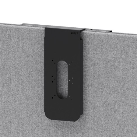 Support vertical en métal noir fixé sur une paroi acoustique, intégrant une ouverture centrale. - Accessoires