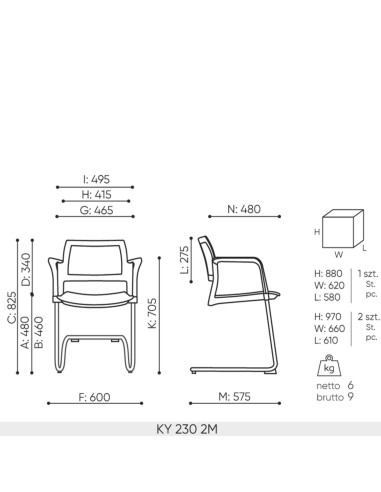 Dimensions chaise KY 230 2M – dossier maille et assise rembourrée