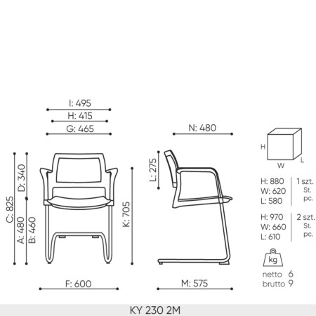 Dimensions chaise KY 230 2M – dossier maille et assise rembourrée