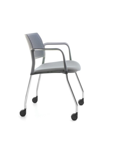 Chaise visiteur Kyos KY 260 N avec dossier plastique ajouré et assise capitonnée grise, modèle mobile pour salles d’attente
