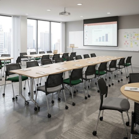 chaise de formation mobile avec assise capitonnée grise et dossier plastique perforé 2