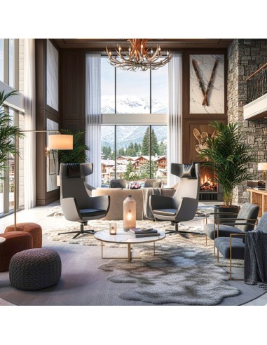 Fauteuil pivotant Umm en tissu dans hall d'accueil d'hôtel au Valais avec vue sur les montagnes.